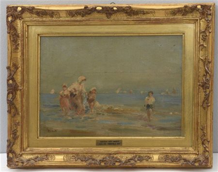 Ignoto della fine del XIX Secolo "Spiaggia" olio su tavola (cm 24x34) Reca firm