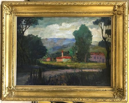 Ignoto francese del XIX Secolo "Paesaggio" olio (cm 52x70,5)reca firma in basso