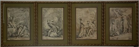 Gruppo di quattro antiche acquaforti da dipinti di Salvator Rosa (cm 36x24), in