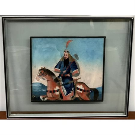 Ignoto, ''Cavaliere persiano'', verre peint (cm 33x36), in cornice (difetti)