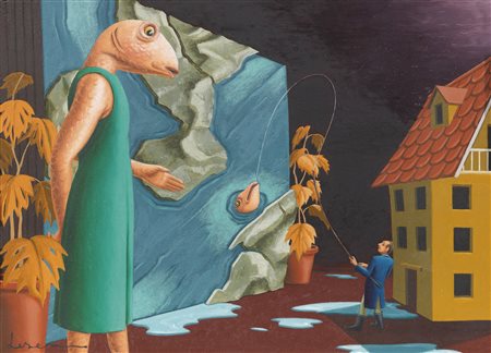 Dirk Larsen Copenaghen 1951 Fishing, 1998 Olio su pannello MDF, cm. 21x29...