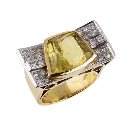 ANELLO IN ORO GIALLO, ORO BIANCO, PIETRA SEMI-PREZIOSA E DIAMANTI montatura a...