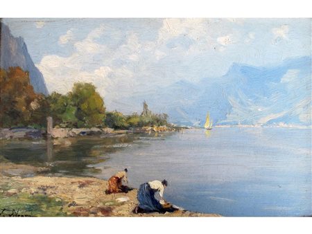 Ferdinando Silvani (Parma 1823 - 1899) Lavandaie a Gardone Riviera Olio su...