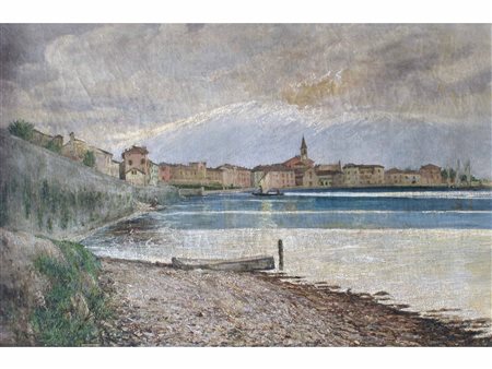 Giobatta Barbieri (Salò 1858-1926) Lungo lago di Maderno Olio su tela Misure...