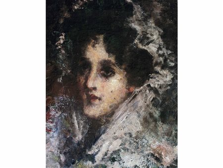 Daniele Ranzoni (Intra 1843 - 1889) Ritratto di donna con velo da sposa Olio...