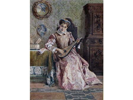 Luigi Crosio (Acqui Terme 1835-Torino 1915) La dama e la musica Acquarello su...