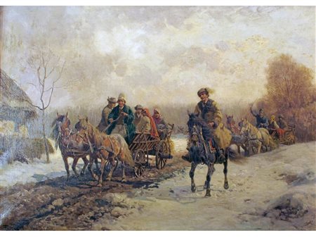 Fritz van der Venne (1873 - 1936) Carrozze trainate da cavalli sulla via di...
