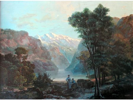 Anonimo della fine del XIX secolo Paesaggio montano Olio su tavola Misure...