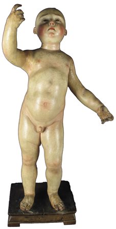 Scultura lignea policroma raffigurante Gesù Bambino stante. Epoca XVI secolo....
