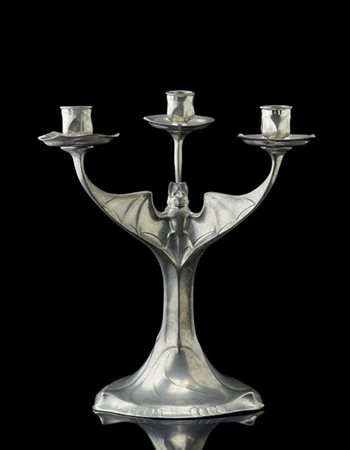 Hugo Leven Candelabro in fusione metallica nichelata a tre braccia modello "4306