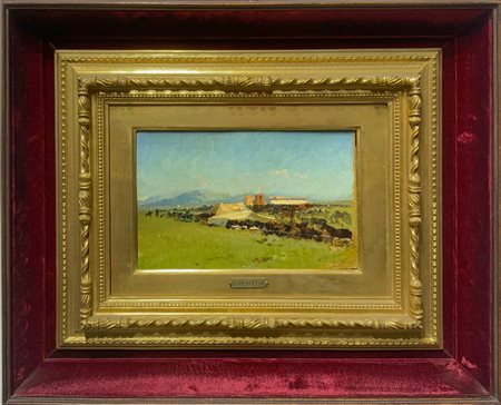 Pittore italiano del XIX secolo. Accampamento militare. 15,5x24, olio su...