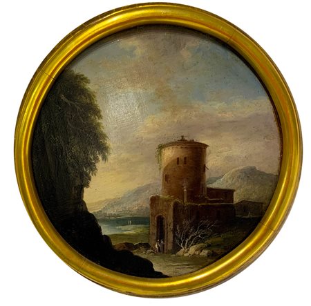 Pittore della seconda metà del XVIII Secolo. Tondo con paesaggio ed...