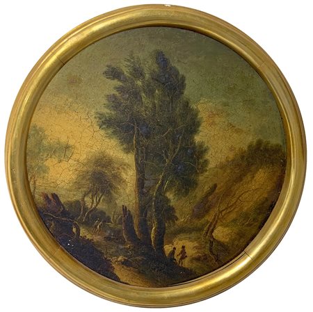 Pittore della seconda metà del XVIII Secolo. Tondo con paesaggio bucolico e...