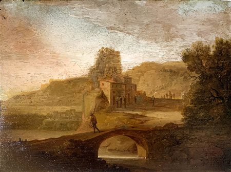 Pittore italiano del XVIII Secolo. Paesaggio con ponticello e fiume. 19x29,...