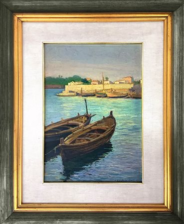 Emanuele Di Giovanni (1887-1979). Porto di Ognina e barche. Firmato e datato