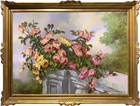 R. Romagnoli. Pittore del XX secolo. Natura morta con rose. 70x100, olio su...