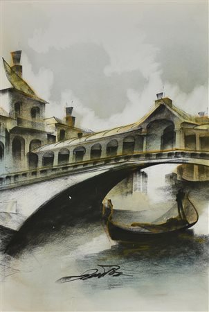 Ignoto IL PONTE DI RIALTO A VENEZIA matita, pastelli e gouache su cartoncino,...