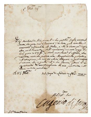 EUGENIO DI SAVOIA (1663-1736) - Lettera firmata. Landau, 24 Ottobre 1704.

Lett