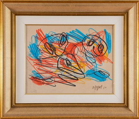 KAREL APPEL (Amsterdam 1921 - Zurigo 2006). 'Figures', 1950. Pastello a cera...