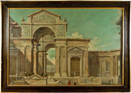 Scuola veneta, secolo XVIII - Capriccio architettonico con edificio monumentale ad arco centrale sormontato da un timpano e astanti in abiti eleganti 