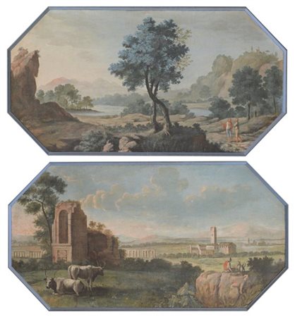 Scuola della fine del secolo XVIII "Paesaggi con figure, rovine e armenti" copp