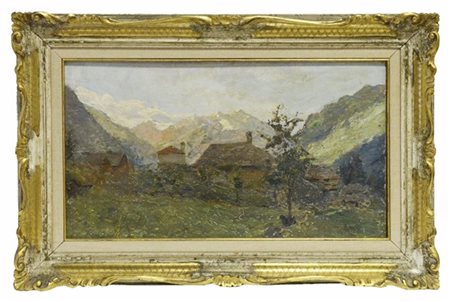 Egidio Riva "Paesaggio montano" olio su cartone pressato ( cm 40x70) Firmato in