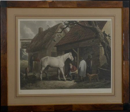 Acquatinta inglese raffigurante scuderia con cavallo (foglio cm 48x61 circa), i