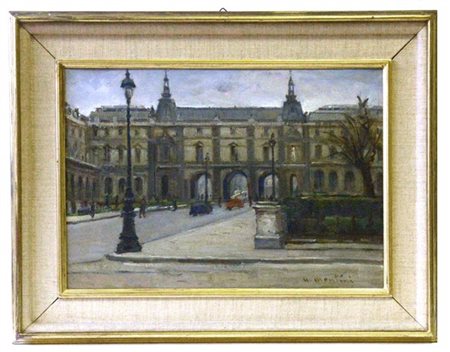 Umberto Montini "Al Louvre" olio su compensato (cm 34x49) Firmato in basso a des