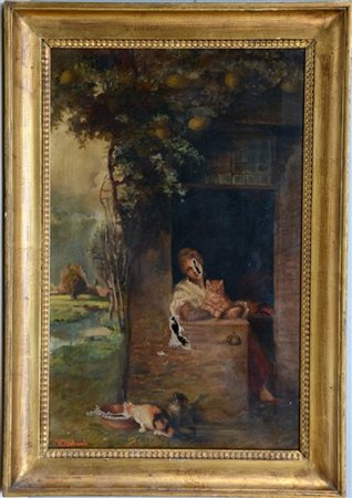 Scuola del secolo XIX "Un pò di compagnia" olio su tela (cm 55x35) reca Firma V