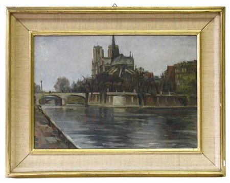 Umberto Montini "Notre-Dame, Parigi" olio su compensato (cm 35x49) Firmato in ba