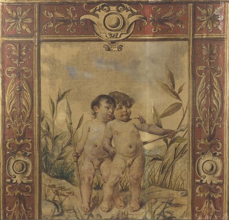 Arazzo dipinto con bordi floreali e al centro due putti. cm. 135x145.