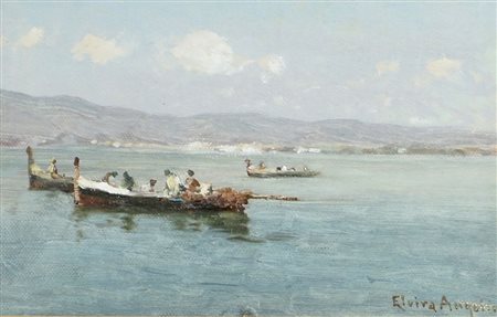 Elvira Angolini (?) "Pescatori" cm. 14x22 - olio su cartone telato Firmato b....