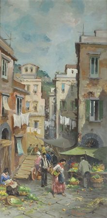 Pittore del '900 "Mercato di fiori tra le case" cm. 80x40 - olio su faesite