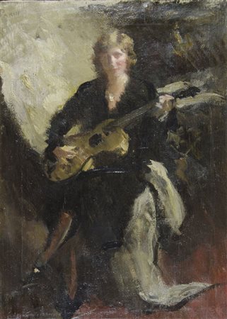 Gino Parin Trieste 1876 Dachau 1944 "Donna con chitarra" cm. 70x50 - olio su...