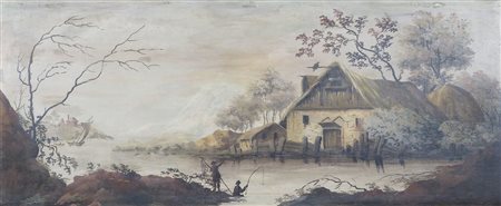 Maestro del XIX secolo "Pescatori sul fiume" cm. 45x115 - olio su tela foderata