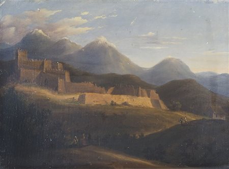 Maestro del XIX secolo "Fortezza al tramonto" cm. 24x33 - olio su tela foderata