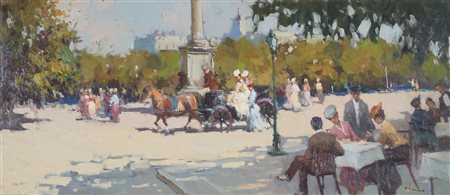 Alfonso Sarno "Carrozza in pieno centro" cm. 35x80 - olio su tavola Firmato...