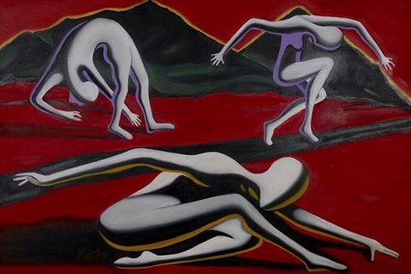 Mark Kostabi ANTONIONI'S DESERT NIGHTMAR acrilico su tela, cm 80x120 firma e...