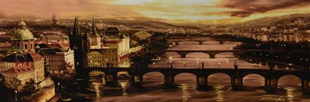 Ignoto VEDUTA DI PRAGA tempera su cartone, cm 21x60 firma