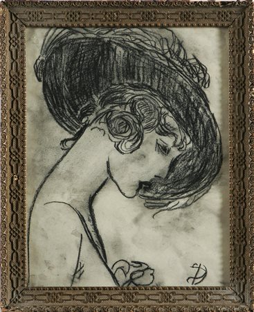 ANONIMO Donna con cappello. Carboncino su carta. Cm 24x31. Siglato in basso a...