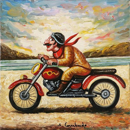 LOMBARDO SALVO (n. 1948) La moto rossa. Olio su tela. Cm 30x30. Al retro...