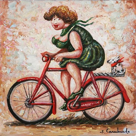 LOMBARDO SALVO (n. 1948) In bici. Olio su tela. Cm 30x30. Al retro archivio...