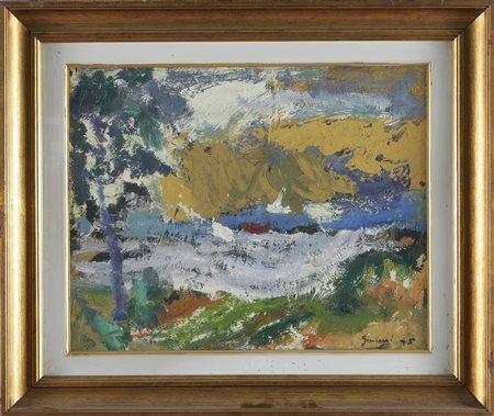 GIUNNI PIERO (1912 - 2000) Paesaggio lacustre. 1945. Olio su tavola. Cm...