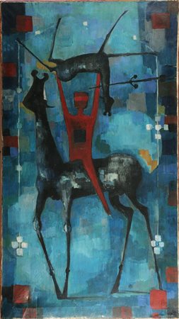 GIOVANOLA GIANLUIGI (n. 1923) Ritrovamento del cavallino ucciso. 1955. Olio...