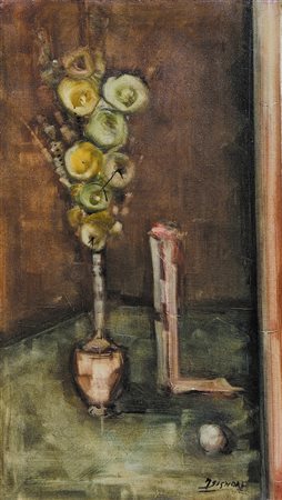 SIGNORE M. Vaso di fiori. Olio su tela. Cm 40x70. firmato in basso a destra