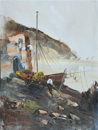 M.ARGENTO Pescatori. Olio su tela. Cm 32x42. Firmato in basso a sinistra