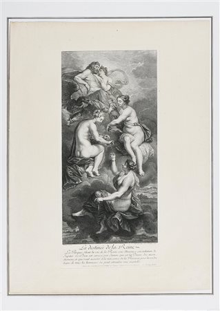 DE CHATILLON LOUIS (1639 - 1734) Il destino della regina. 1708. Acquaforte e...