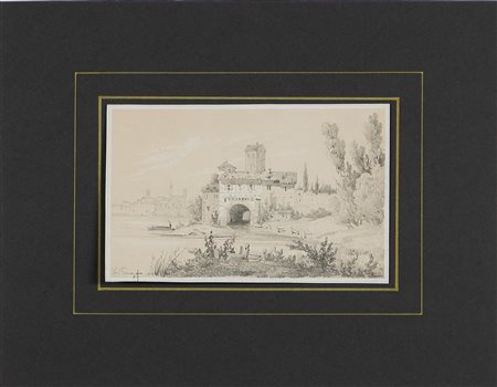 ANONIMO Palazzo con arco su lago. Matita su cartoncino. Cm 23,4x14,7. Disegno...