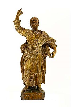 Scultura del XVII secolo. Statua lignea figura di Evangelista. Doratura a...