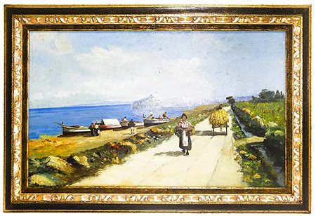 Pittore siciliano della fine del XIX Secolo. Strada per Cefalù. 63x100, Olio...